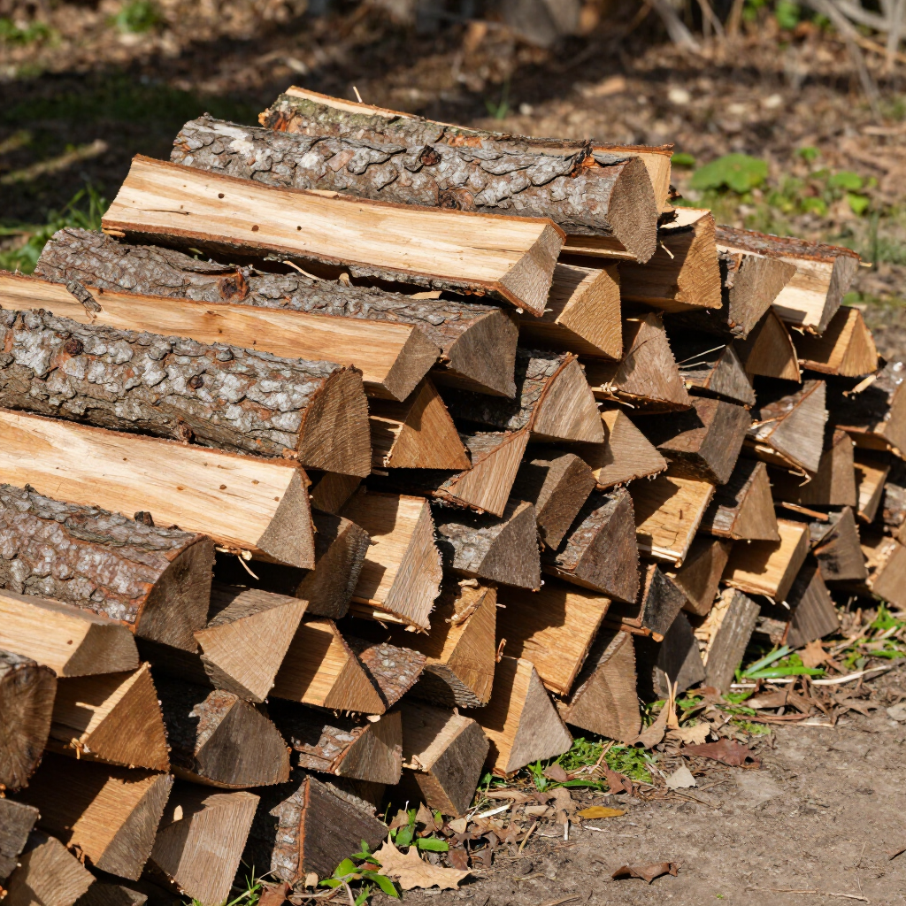 Stack of cut firewood logs piled outdoors on dirt ground.