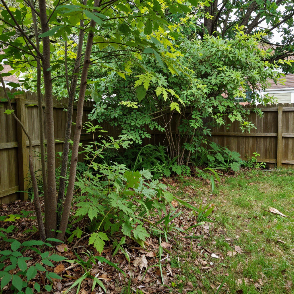 Overgrown backyard with dense green shrubs, trees, wooden fence, and scattered fallen leaves
