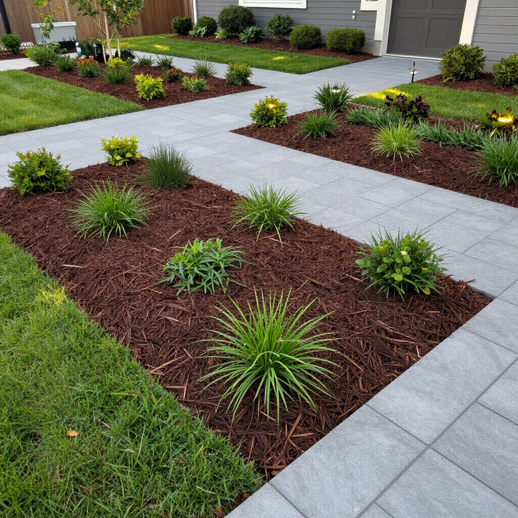 Landscaped front walkway with mulch beds, small green shrubs, and gray paver paths near a house