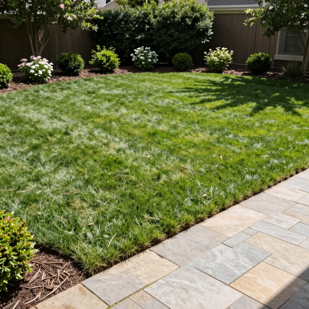 Sunny backyard lawn with green grass, flower beds, and a stone patio walkway