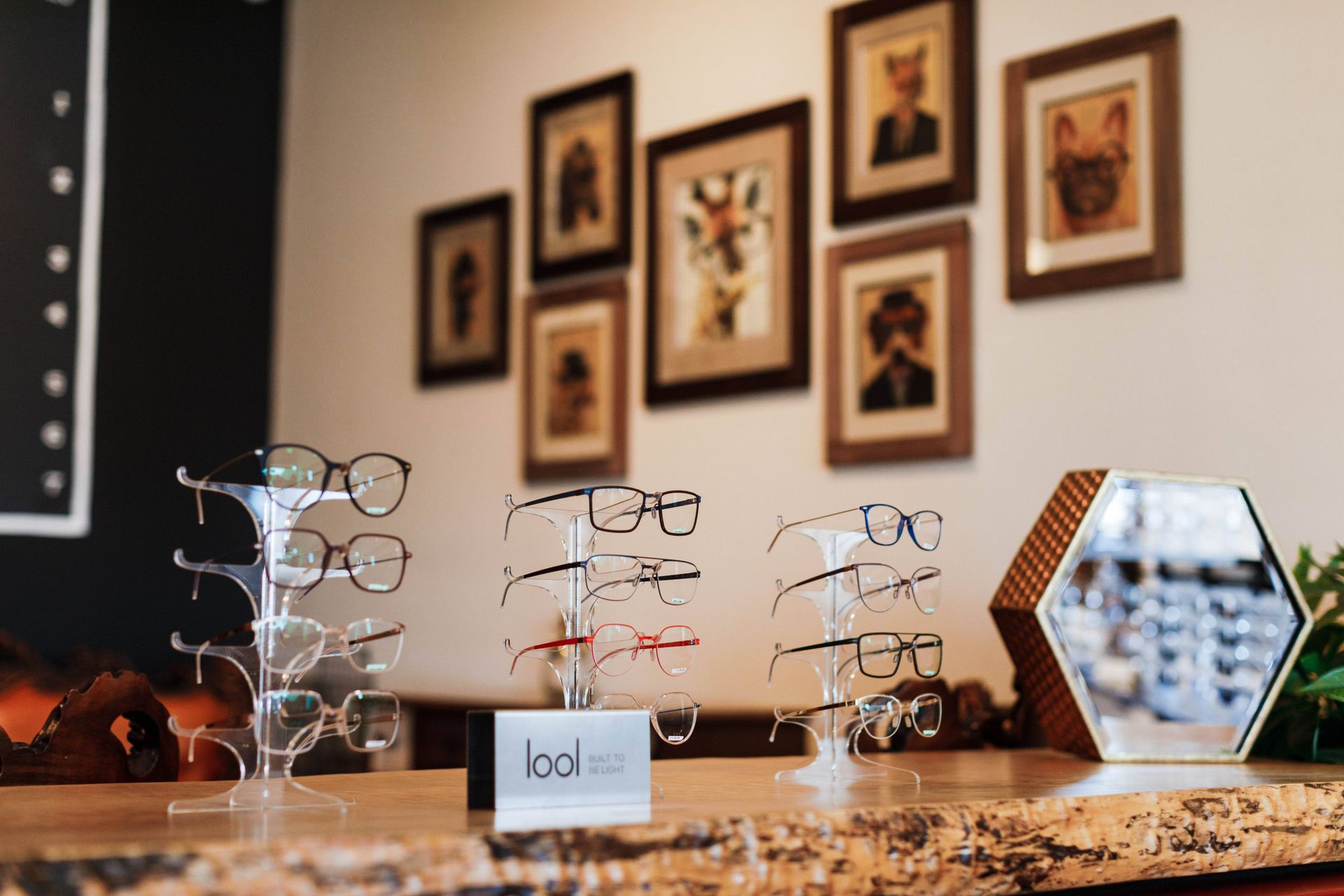Eye glasses on display stands on a wooden counter in an optical shop, with framed artwork hanging on the wall behind.