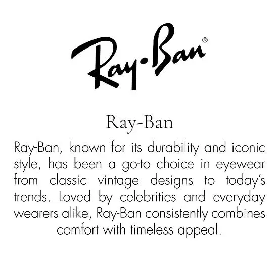 The Ray-Ban logo above text describing the brand's reputation for durability, iconic style, and timeless eyewear.