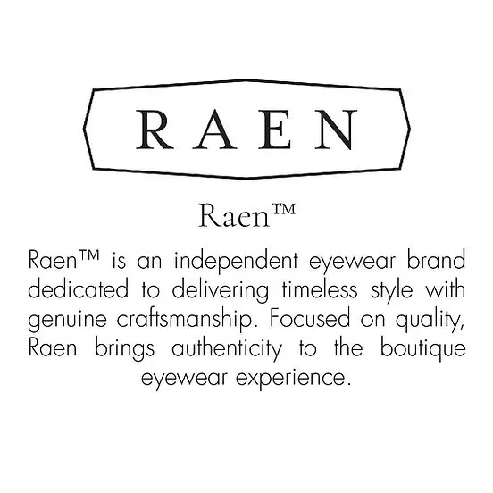 The Raen logo and a description of the brand as an independent, quality-focused eyewear company.
