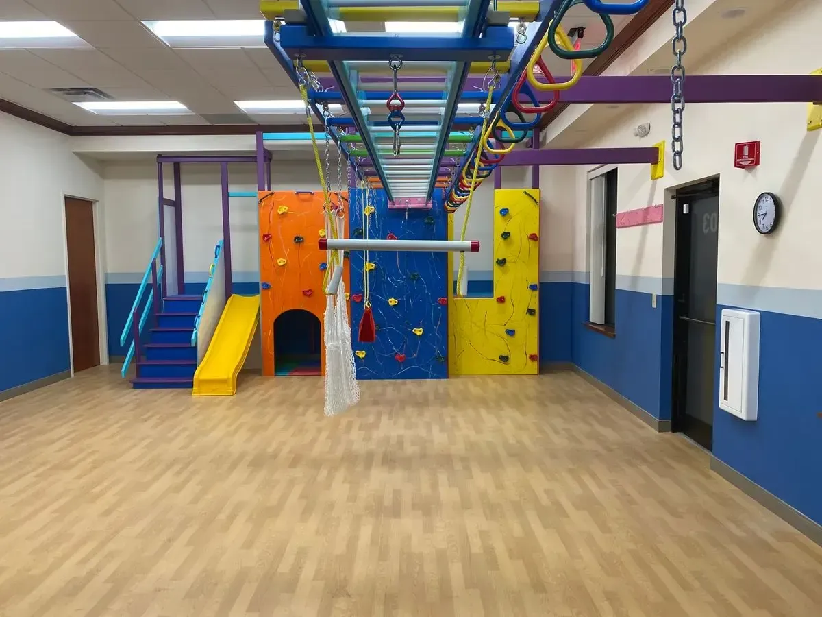 Indoor playroom with climbing wall, slides, and monkey bars on a wood floor