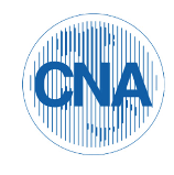 Logo CNA in lettere blu con strisce verticali blu all'interno di un cerchio.