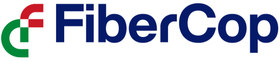 Logo di FiberCop in blu e rosso con un emblema stilizzato verde e rosso su sfondo bianco.