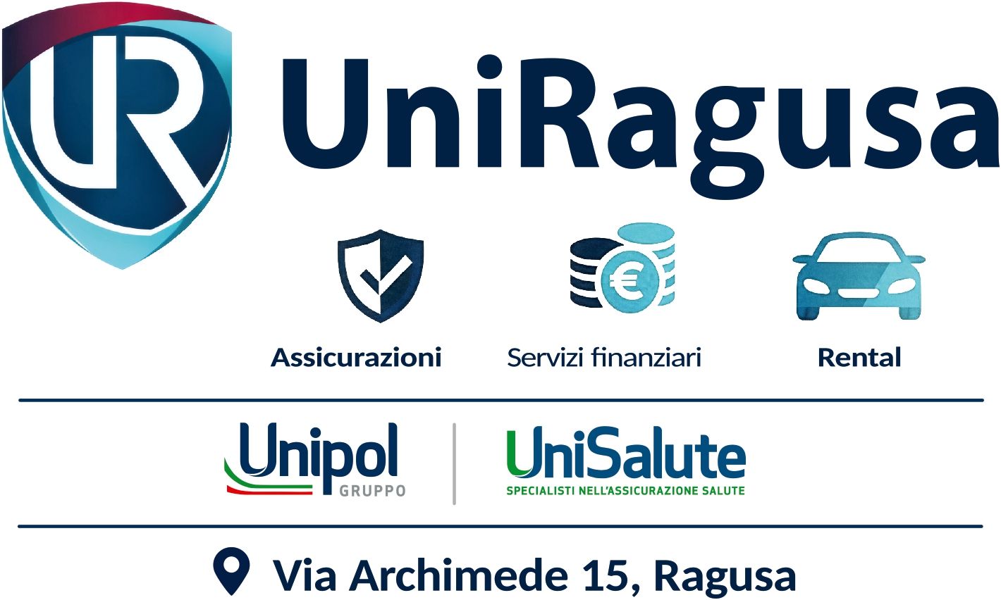 Logo UniRagusa con scudo blu e testo per servizi assicurativi, finanziari e di noleggio.