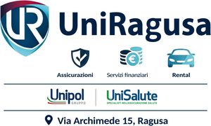 Logo UniRagusa con scudo blu e testo per servizi assicurativi, finanziari e di noleggio.