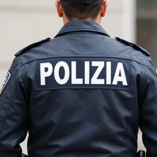 Schiena di un agente di polizia con una giacca blu scuro su cui è stampato in bianco