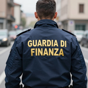 Un agente della Guardia di Finanza, ripreso di spalle con indosso una giacca blu scuro, si trova in una strada cittadina.