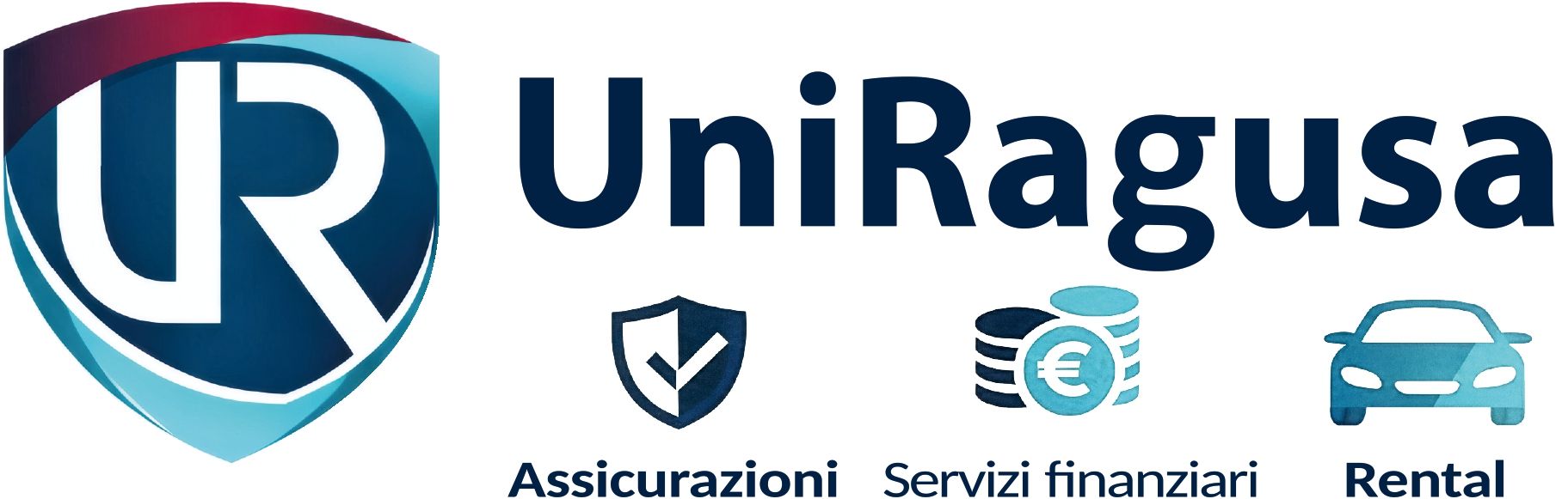 Logo UniRagusa con icona a scudo blu e testo per assicurazioni, servizi finanziari e noleggio.