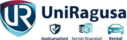 Logo UniRagusa con icona a scudo blu e testo per assicurazioni, servizi finanziari e noleggio.