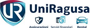 Logo UniRagusa con icona a scudo blu e testo per assicurazioni, servizi finanziari e noleggio.