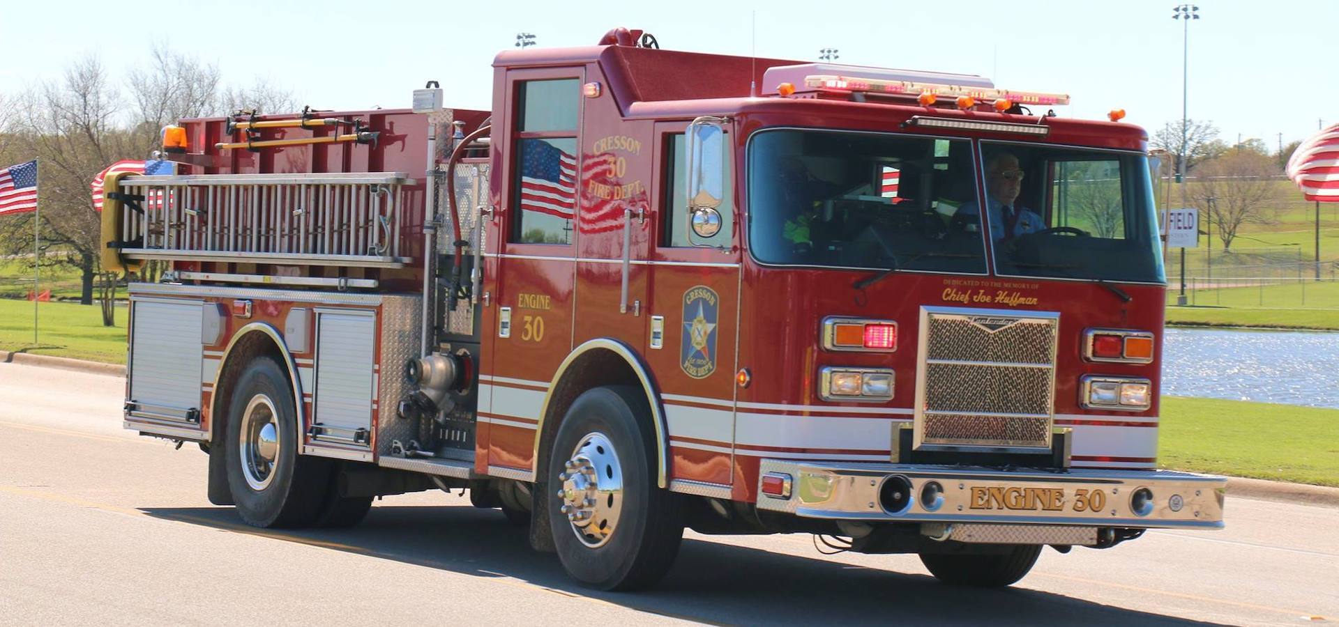 A fire truck is parked on the side of the road