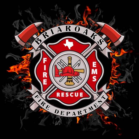 A logo for the Briaroaks fire department with flames in the background