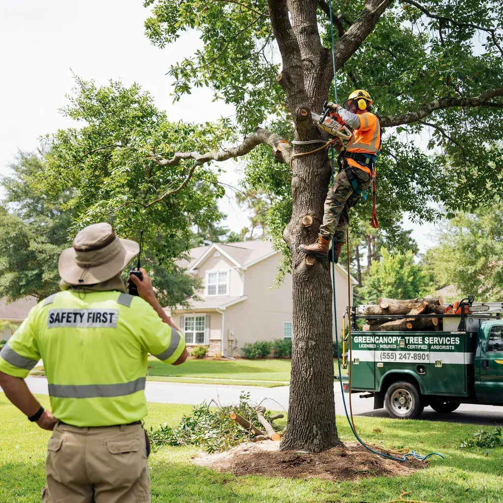 Worker trimming tree while safety observer watches beside a green utility truck in a neighborhood yard
