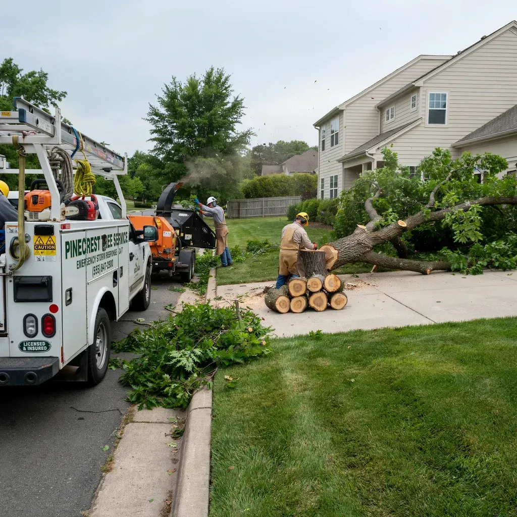 Workers clear a fallen tree from a suburban driveway beside a utility truck.