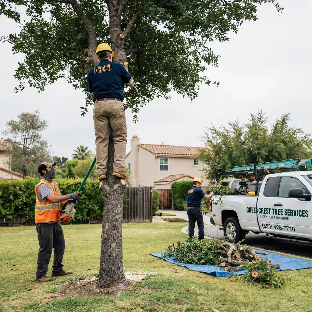 Tree service workers trimming a large tree in a suburban yard with a truck and equipment nearby