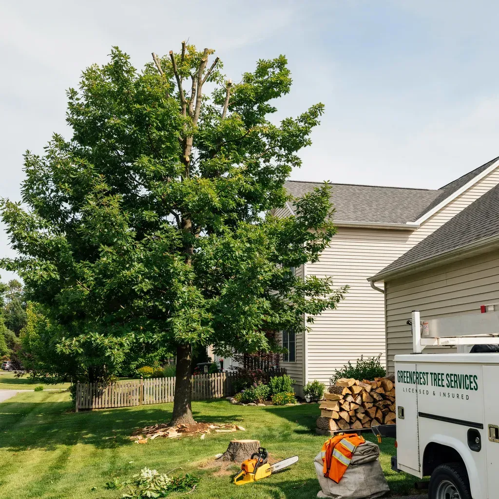 Worker with orange vest and truck trimming a large tree beside a suburban house.