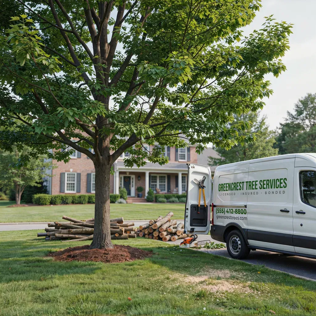 Arborist truck beside a large tree, with cut branches piled on a suburban lawn in front of a house