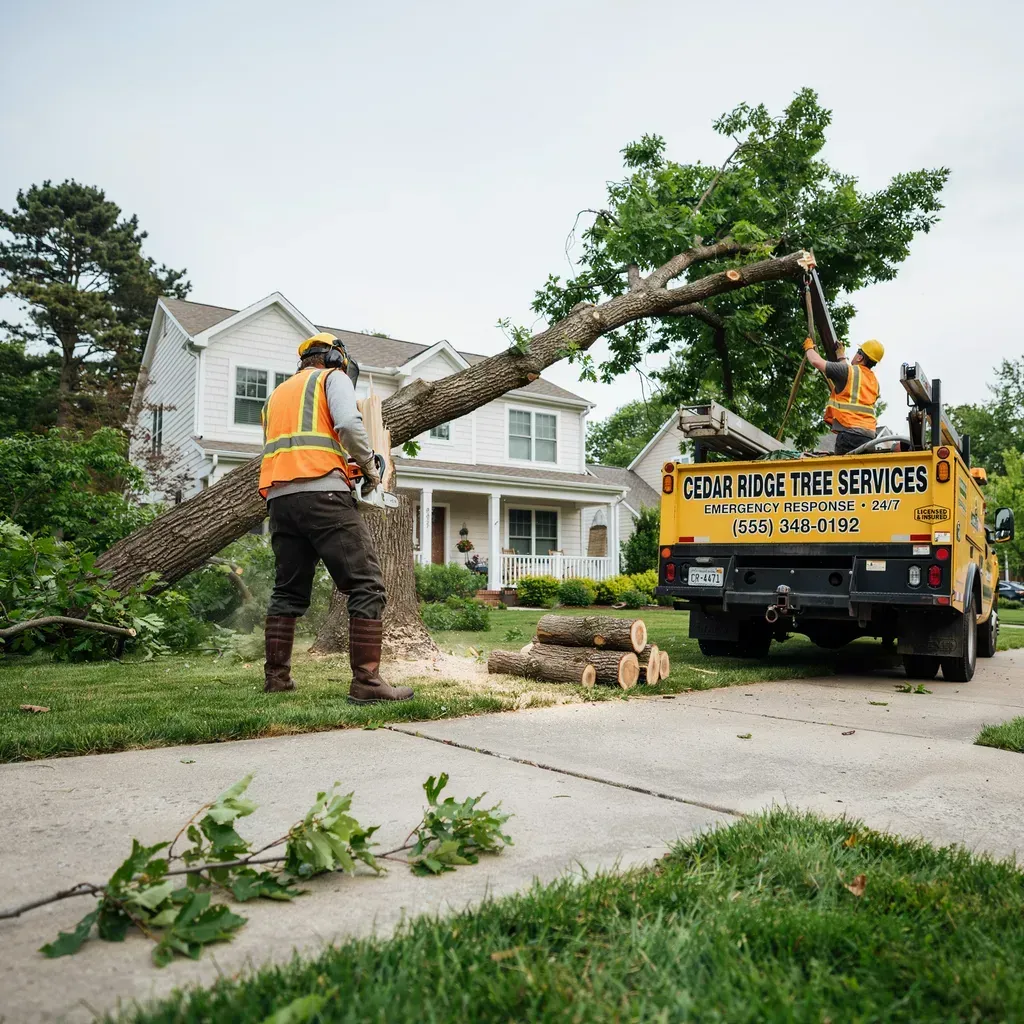 Tree service workers cutting a fallen tree near a white house, with a yellow truck in the driveway.