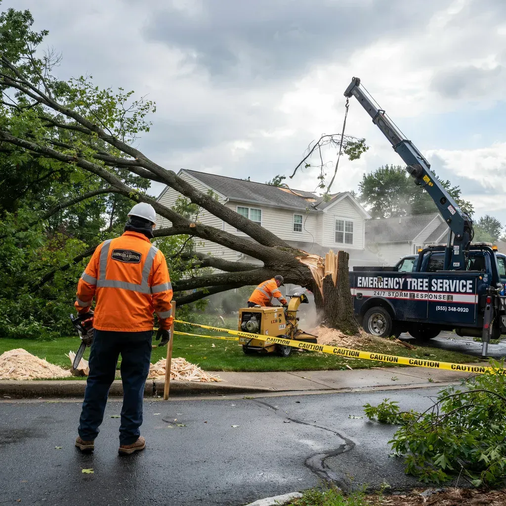 Tree crew clearing storm-damaged trees on a wet street, with a crane and chipper beside a house.