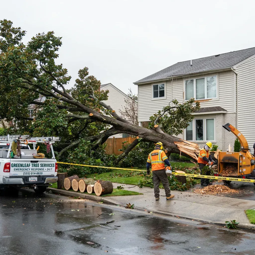 Workers clear a fallen tree blocking a wet suburban street beside a white house and utility truck.