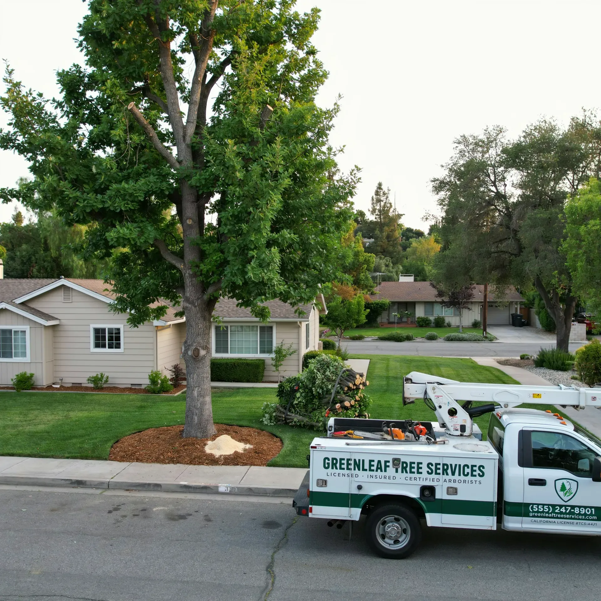 Tree being trimmed by a Greenleaf Tree Services truck in a suburban neighborhood.