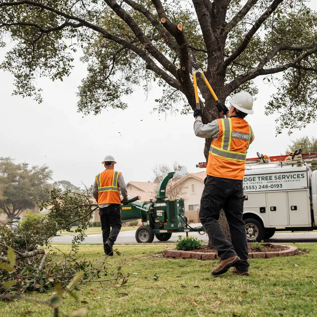 Tree workers in orange vests trimming branches with chainsaws beside a utility truck.