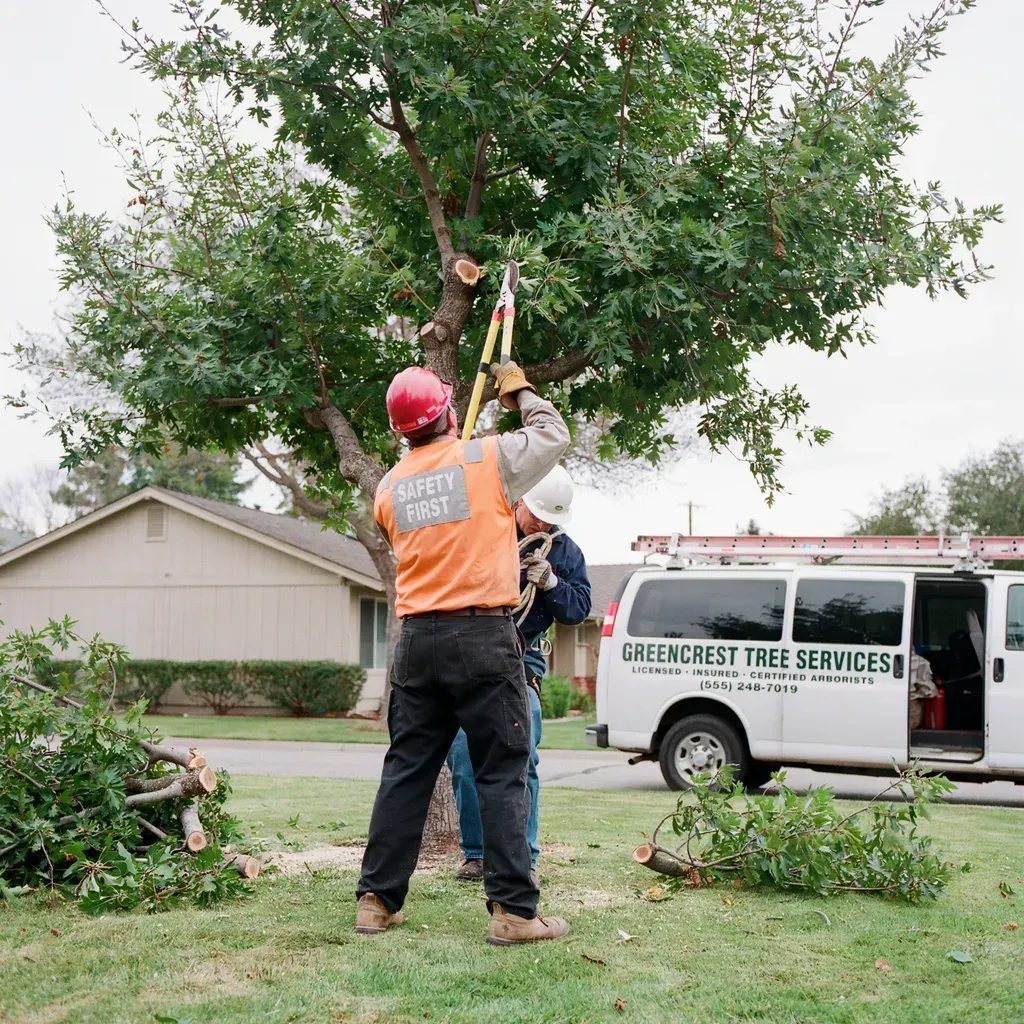 Tree workers trimming a large tree beside a house, with a service van parked nearby.