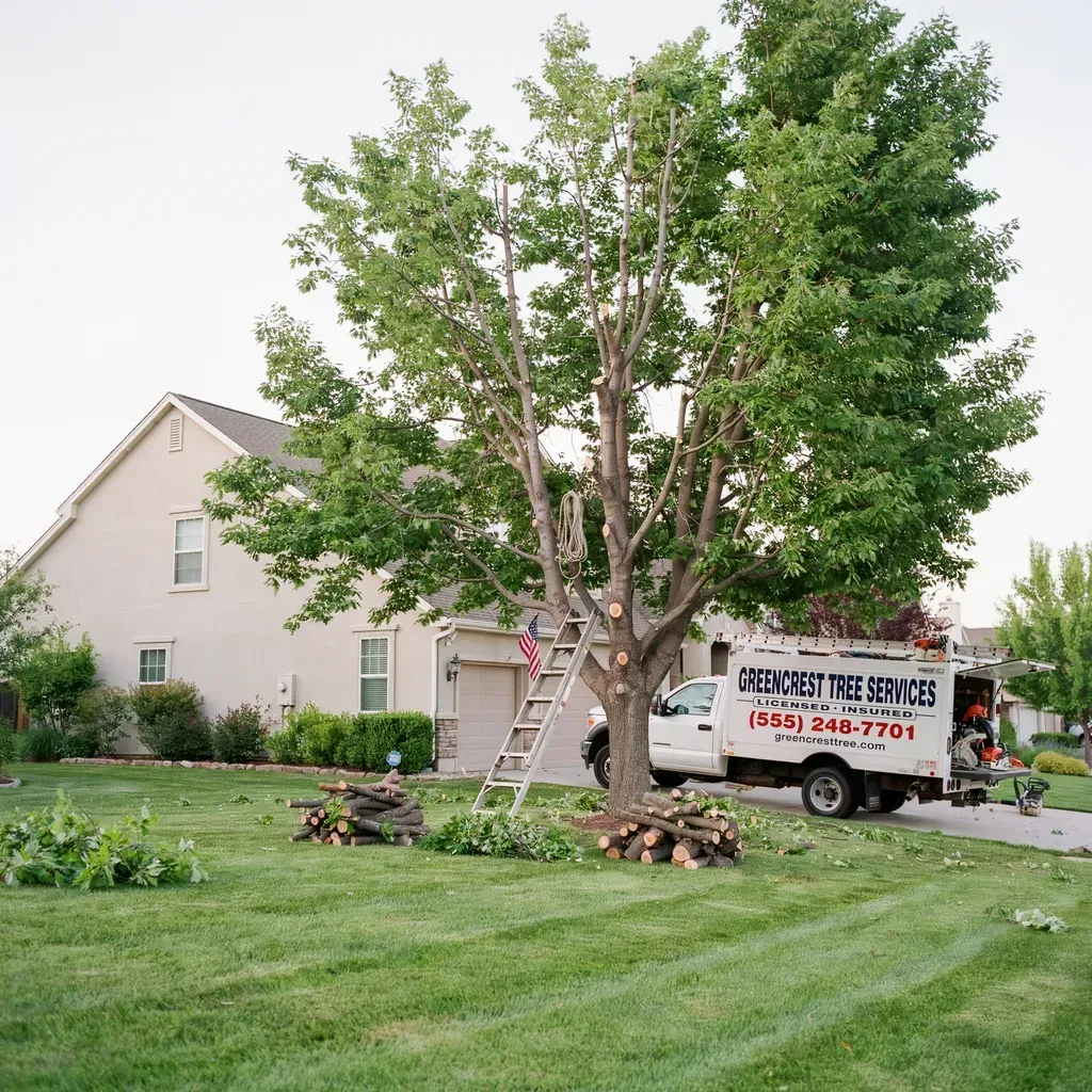 Tree removal crew trimming a large tree beside a house, with a truck and ladder in the yard