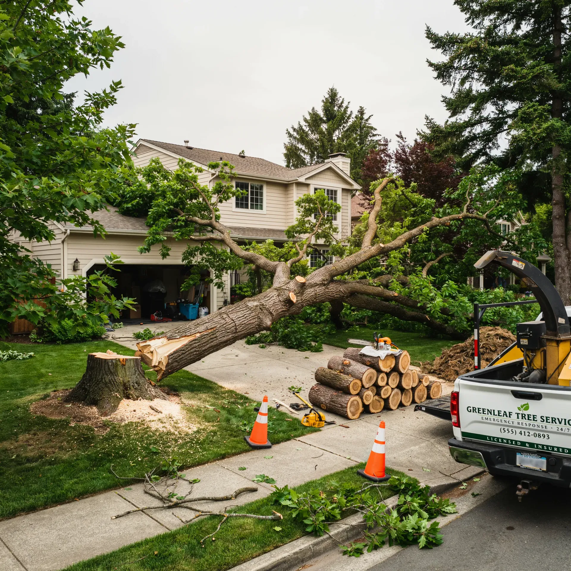 Fallen tree blocking a driveway, with a pickup truck and cut logs in a suburban yard.