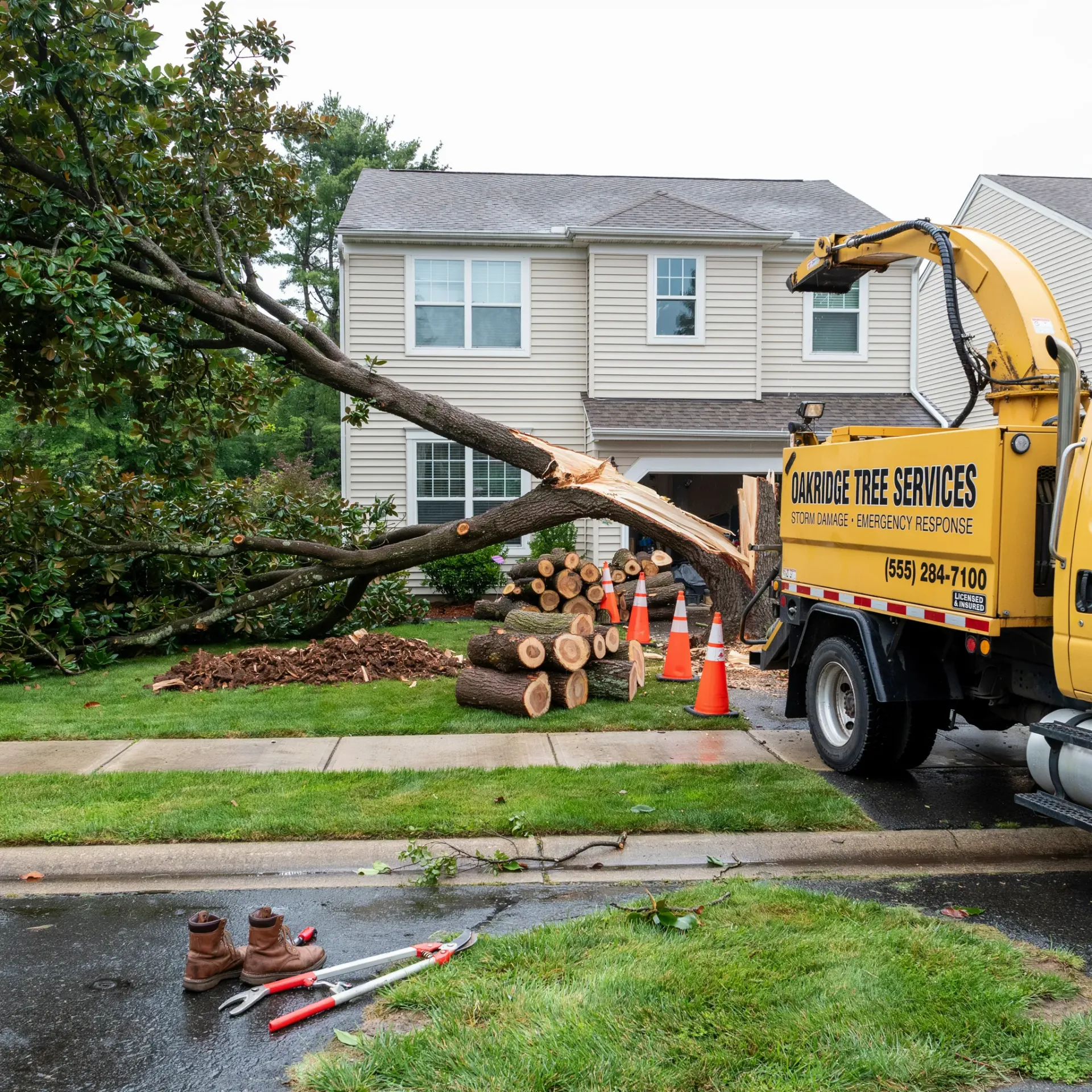 Tree removal truck lowering a large fallen tree limb beside a suburban house and cut logs on the lawn