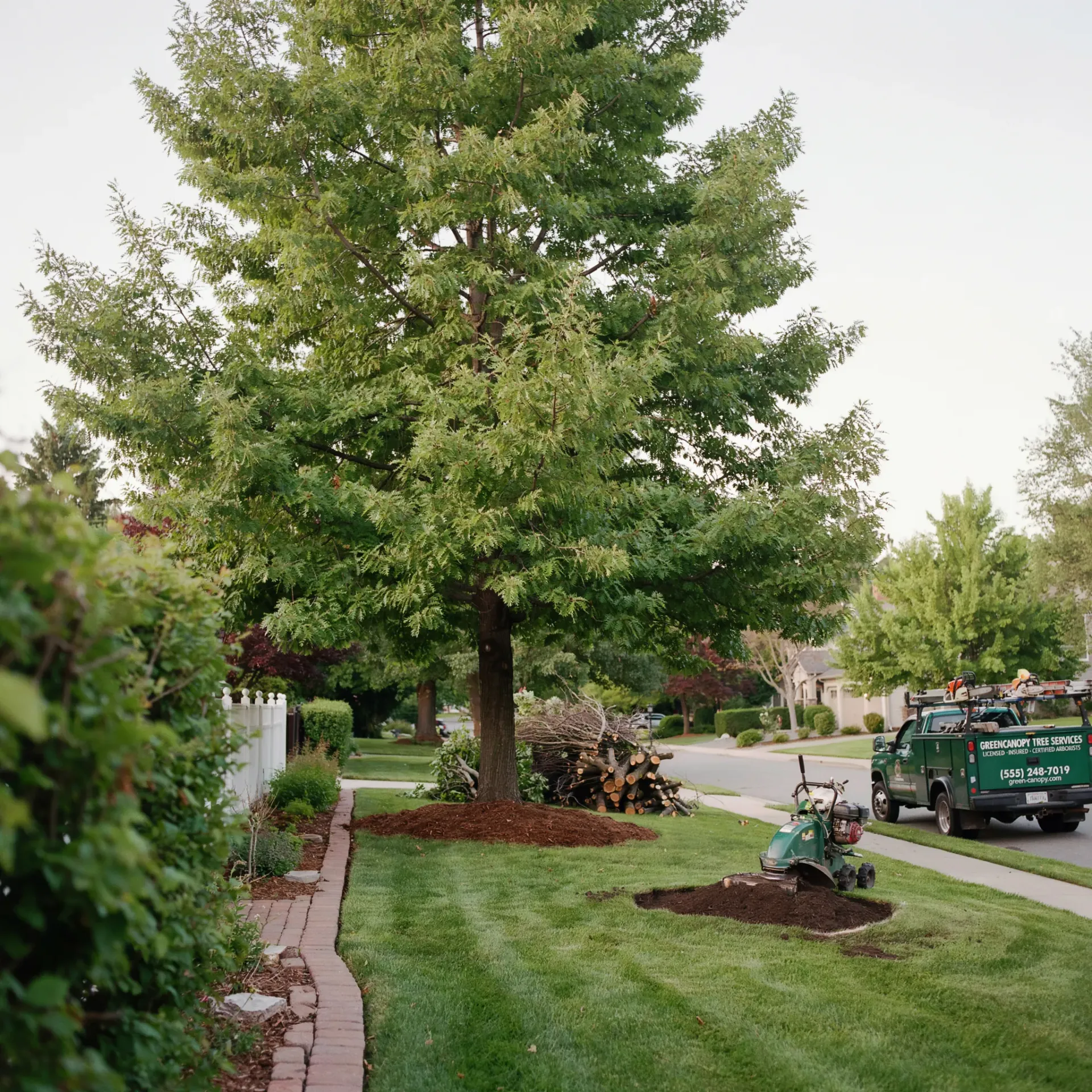 Suburban front yard with a large tree, manicured lawn, and landscaping equipment near the curb.