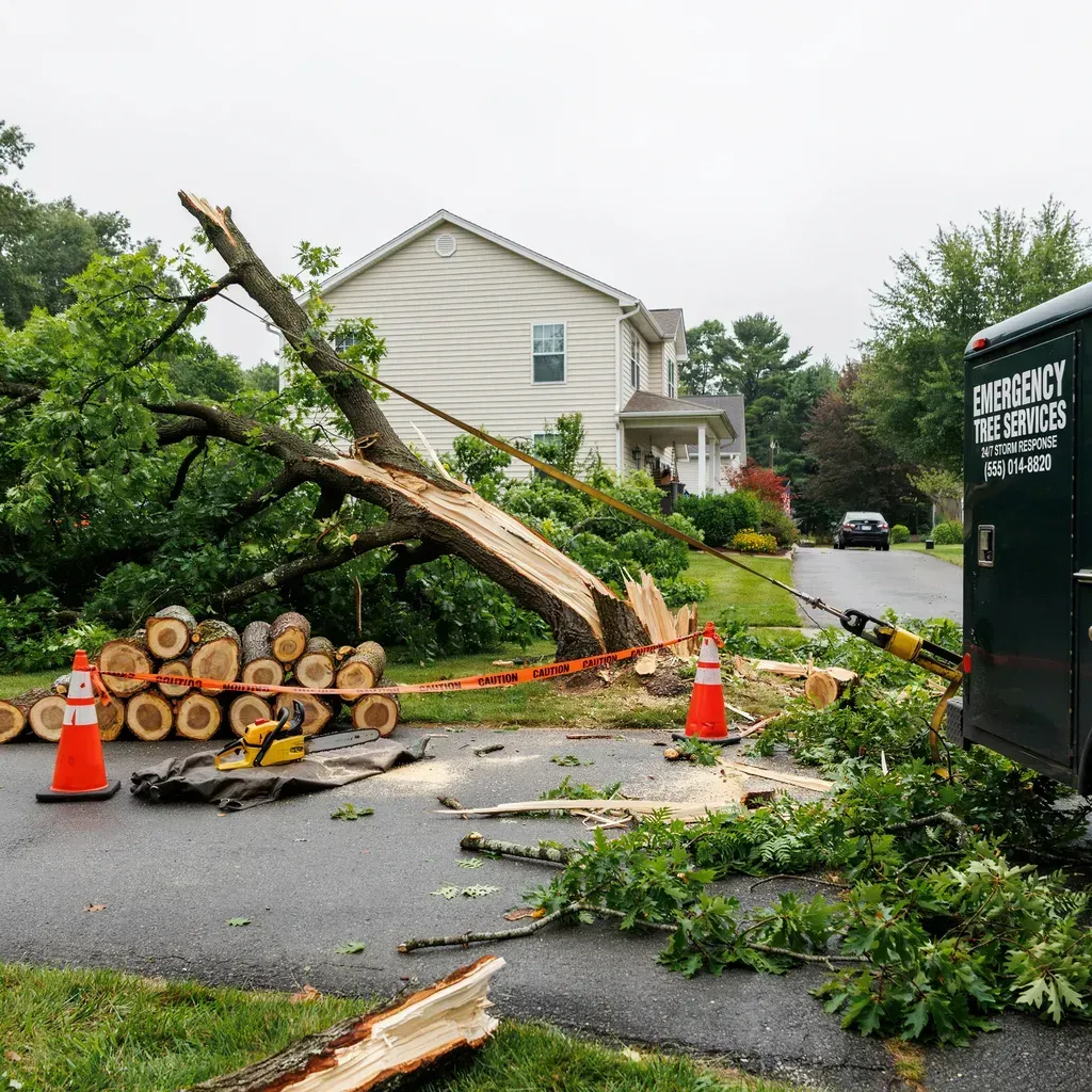 Fallen tree blocking a suburban driveway, with cut logs, orange cones, and debris after a storm