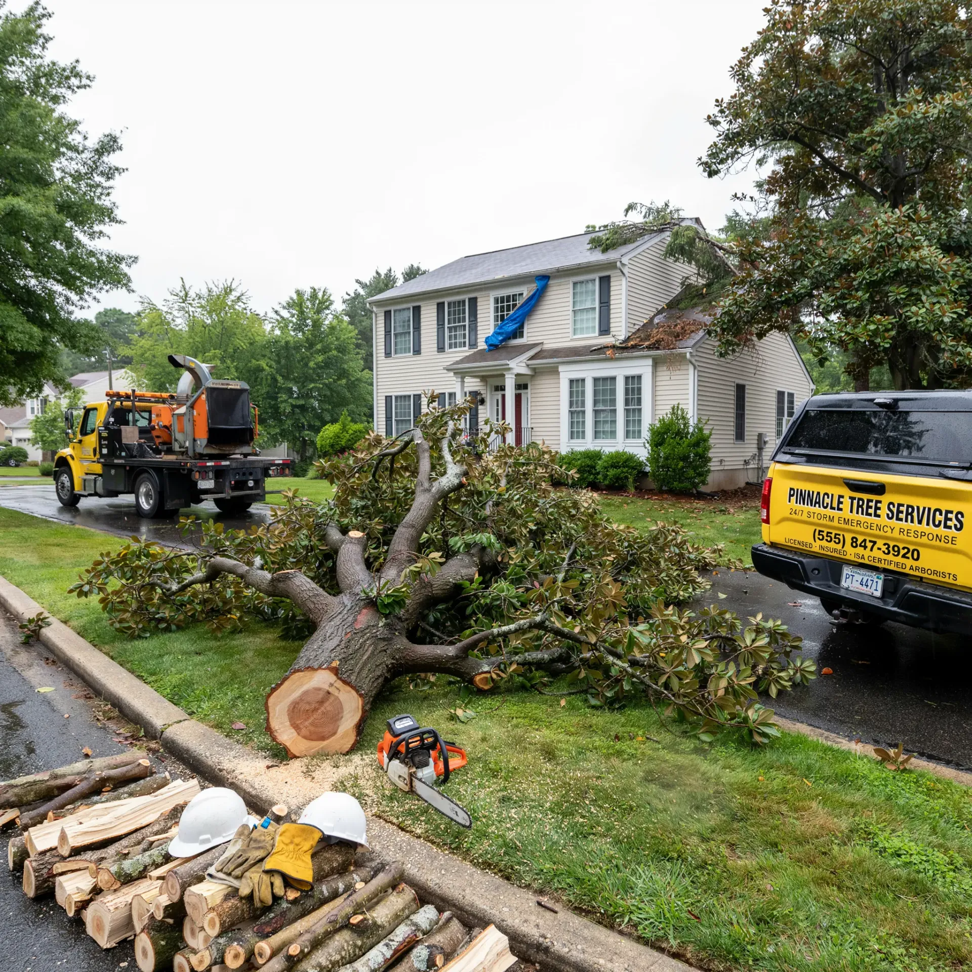 Storm cleanup with fallen tree, utility trucks, and workers in front of a house