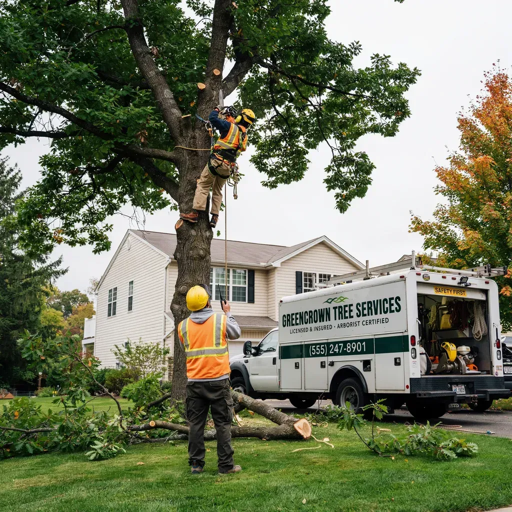 Tree service workers trimming a large tree beside a house, with a bucket truck and fallen branches in the yard