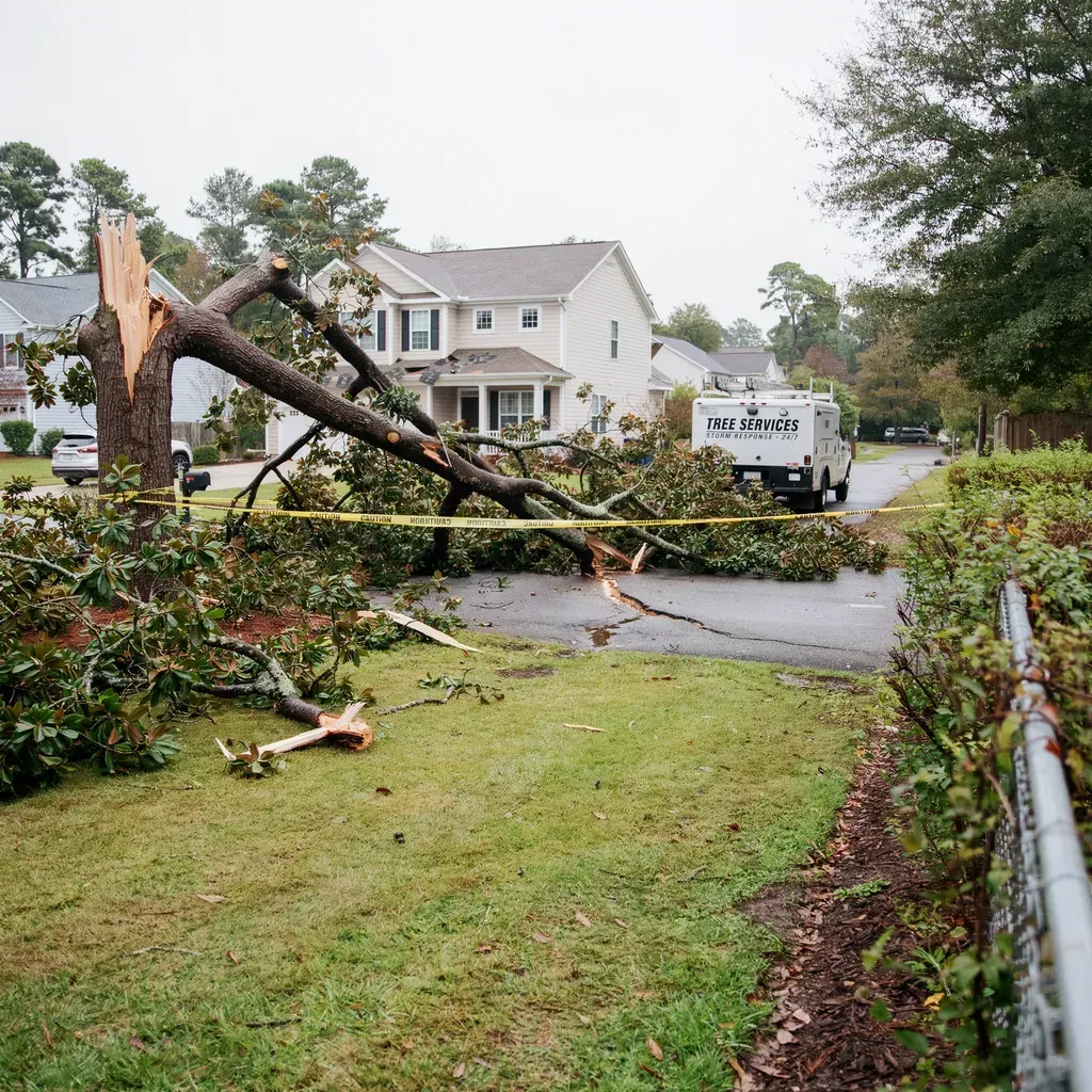 Storm-damaged suburban street with a fallen tree blocking the road and a work truck nearby
