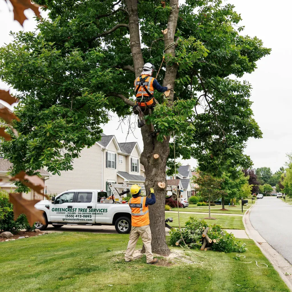 Two tree workers trimming a large front-yard tree beside a white utility truck on a suburban street.