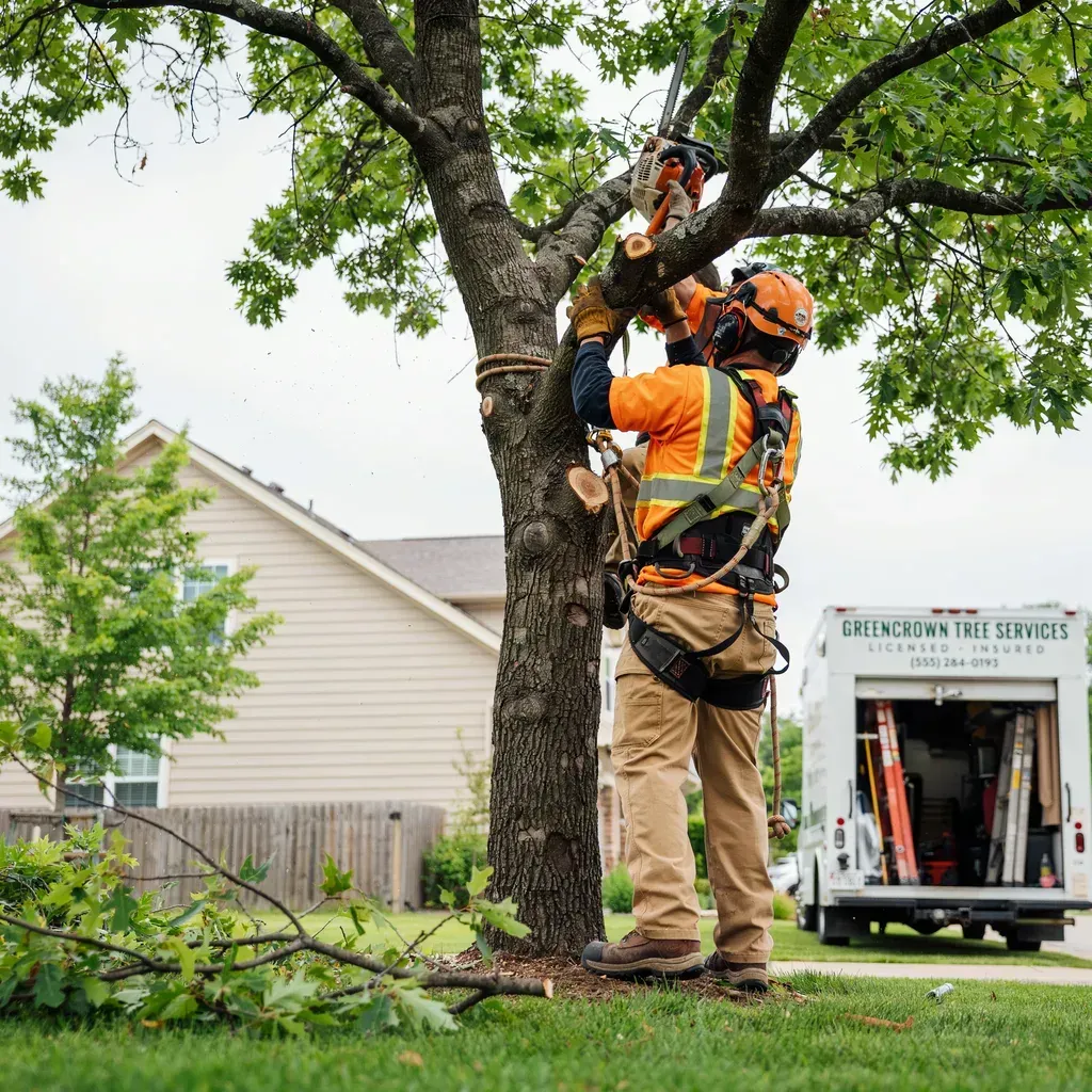 Two arborists in orange safety gear trim branches from a large tree beside a truck in a yard