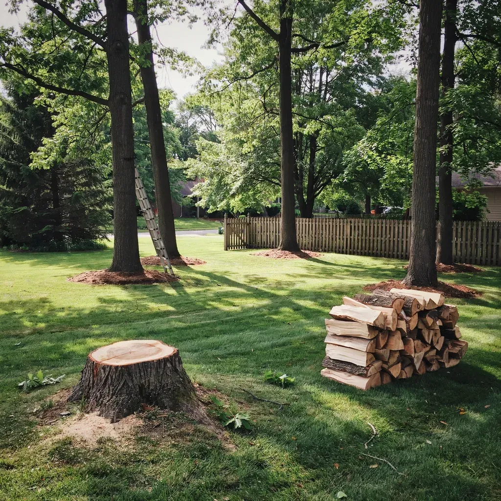 Tree-filled backyard with a stump in the foreground and a stacked pile of split firewood on the grass