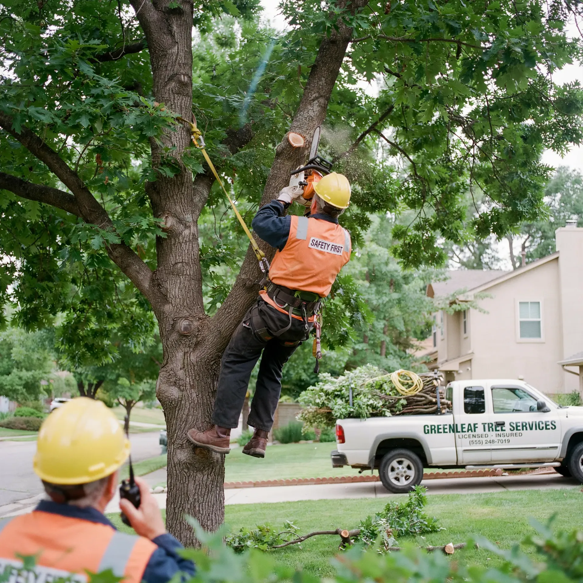 Tree trimmers in helmets and orange vests pruning a large tree in a suburban yard