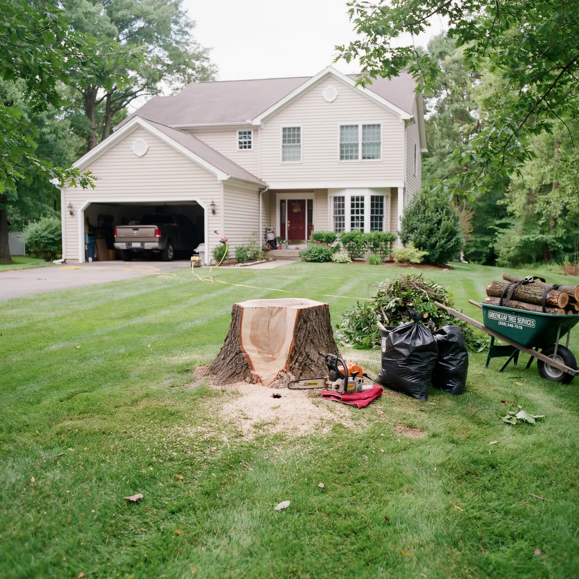 Front yard with a large tree stump, yard work tools, and a beige house with an open garage.