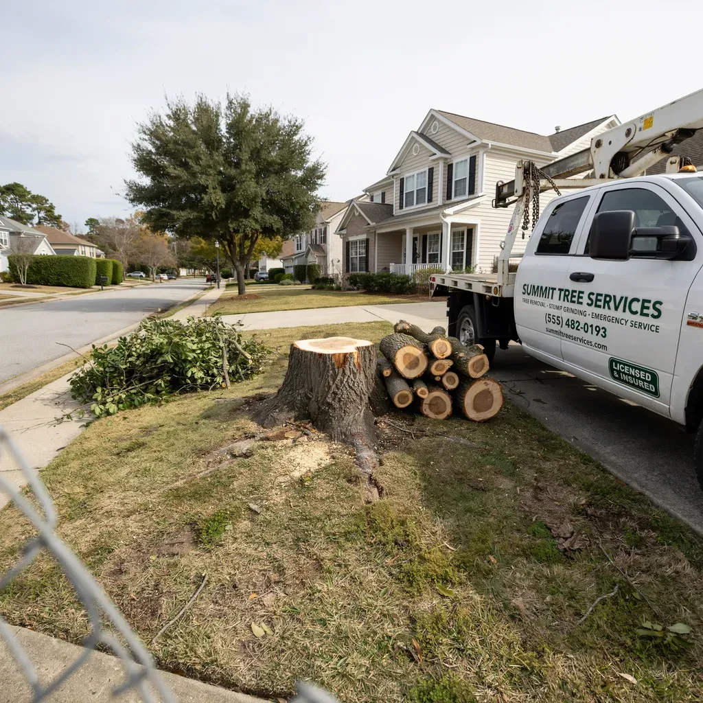 Tree removal truck beside a front yard stump and cut logs in a suburban neighborhood