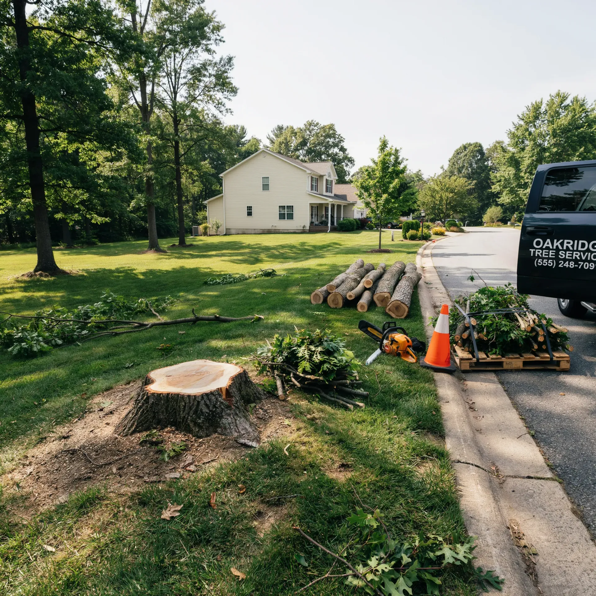 Tree removal work beside a suburban street, with cut stumps, branches, cones, and a utility truck.