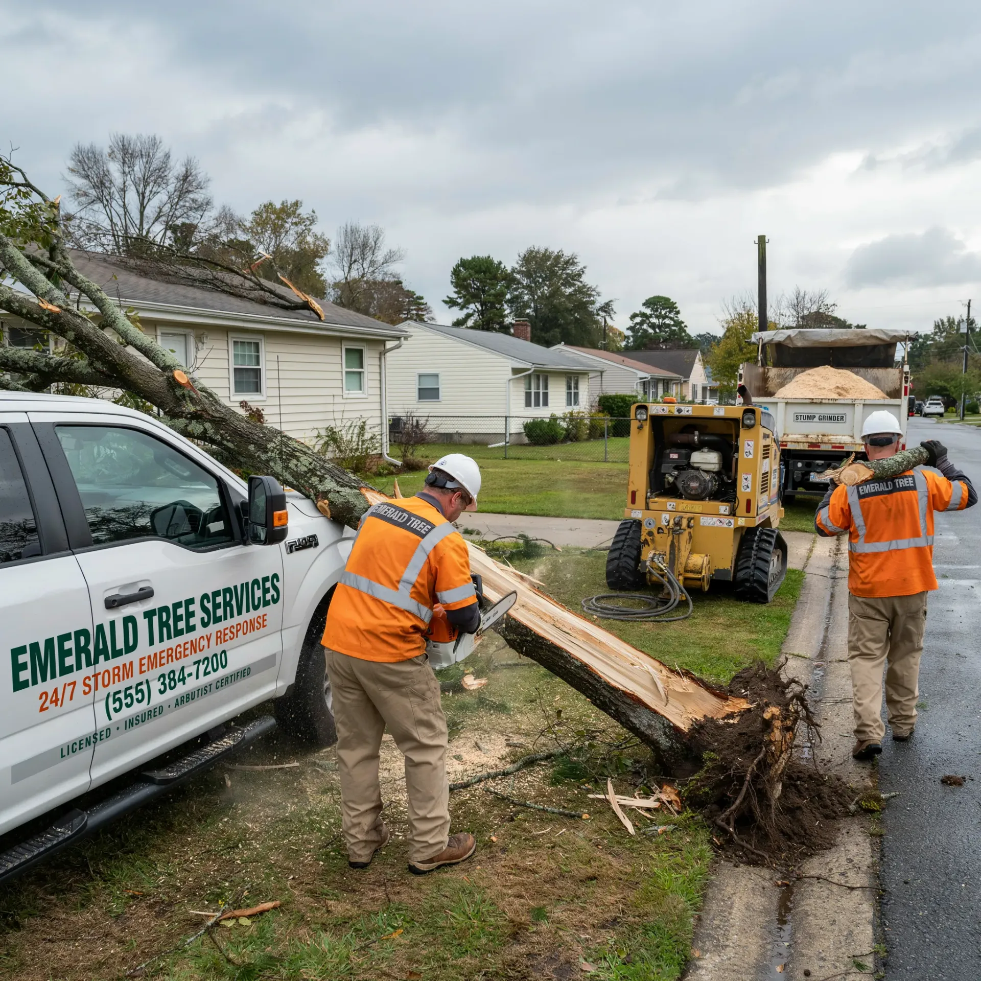 Workers in orange vests remove a fallen tree from a suburban street beside a truck and machinery