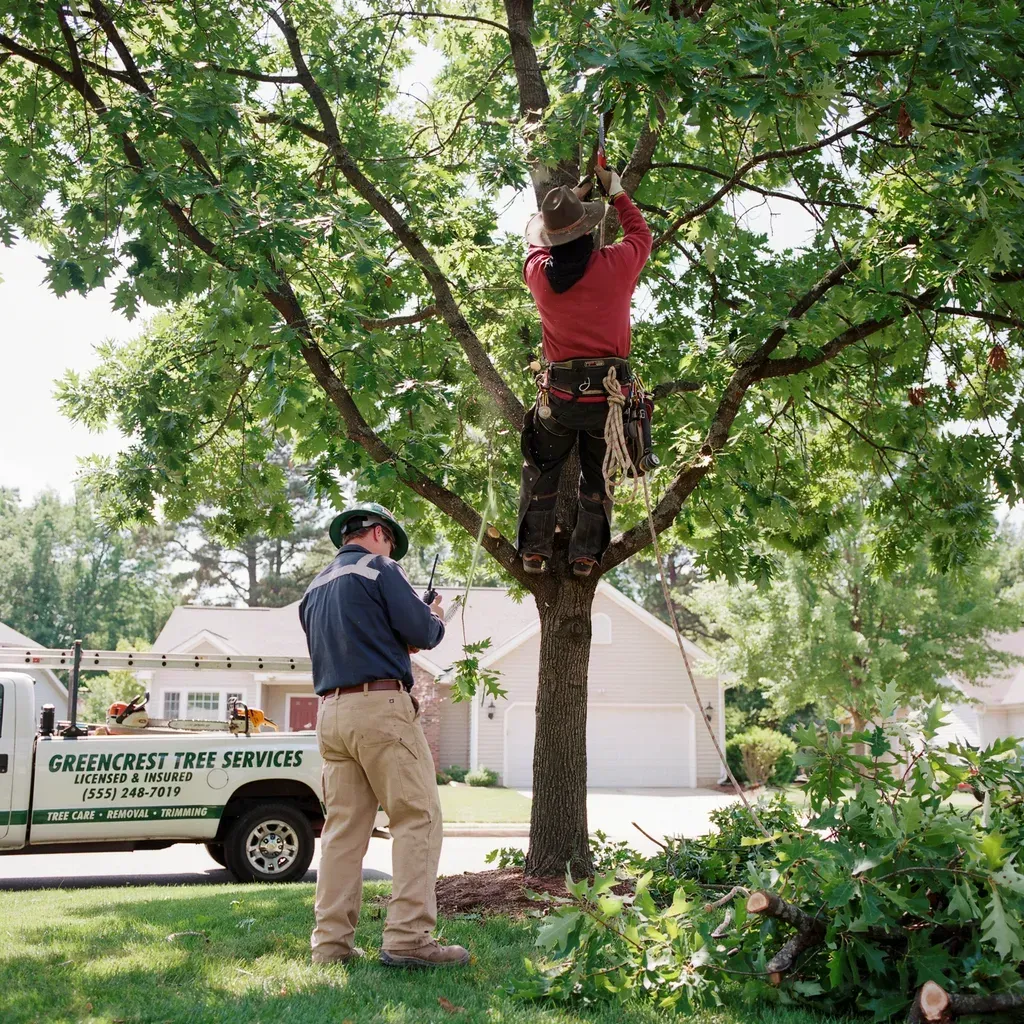 Worker trims tree branches above a service truck while another man looks on in a yard
