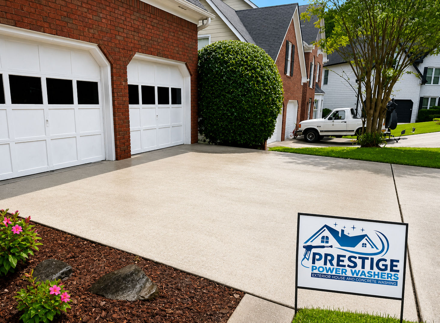 Brick house driveway with two garage doors and a Prestige Power Washing sign in the front yard