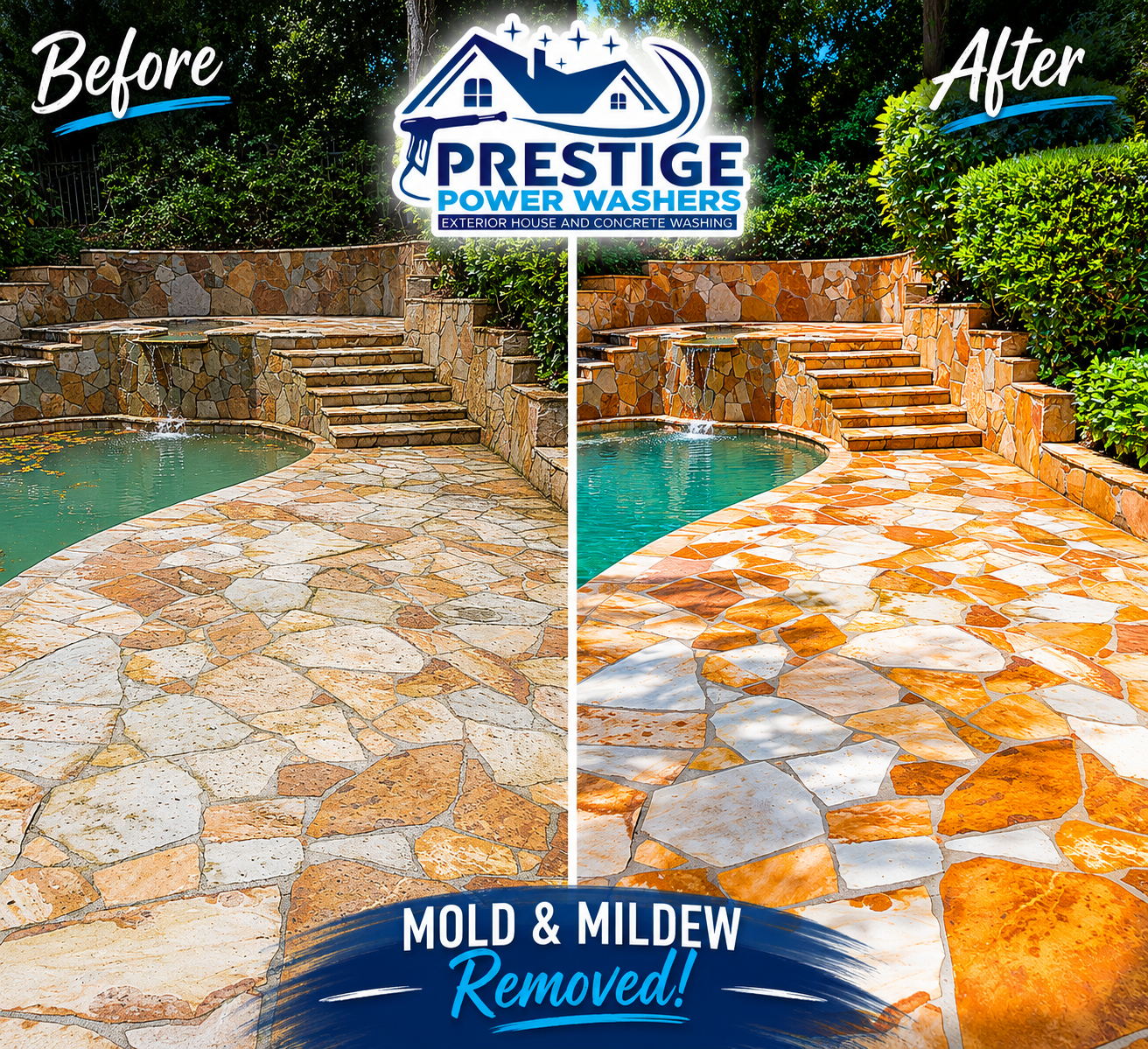 Before-and-after patio cleaning: dirty stone by pool transformed to clean, bright stone.