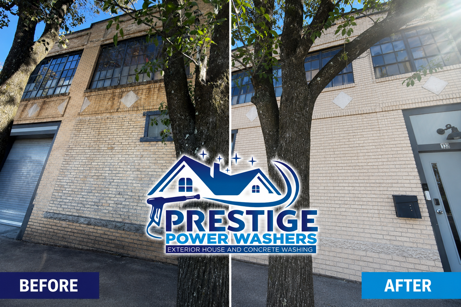 Before-and-after view of a building exterior power washing, showing a cleaner facade and windows.